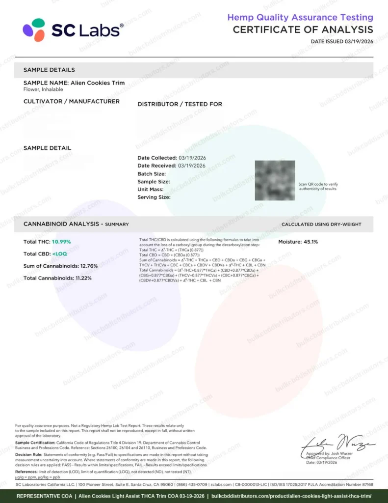 Alien Cookies Light Assist THCA Trim certificate of analysis, page 1 of 2, from SC Labs