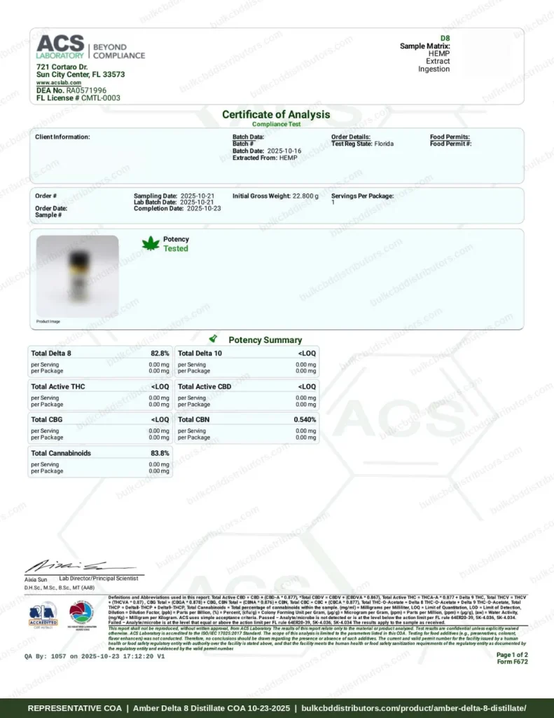 Amber Delta 8 Distillate COA page 1 of 2, ACS Laboratory, tested 10-23-2025