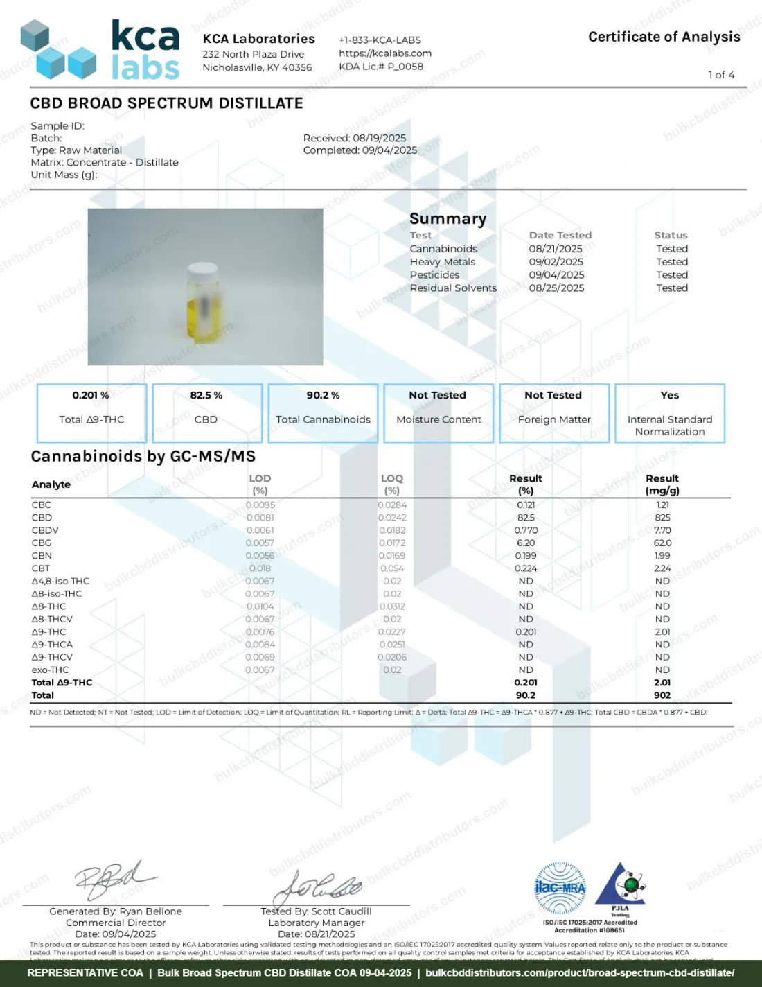 Broad Spectrum CBD Distillate COA page 1 of 4, KCA Laboratories, tested 09-04-2025