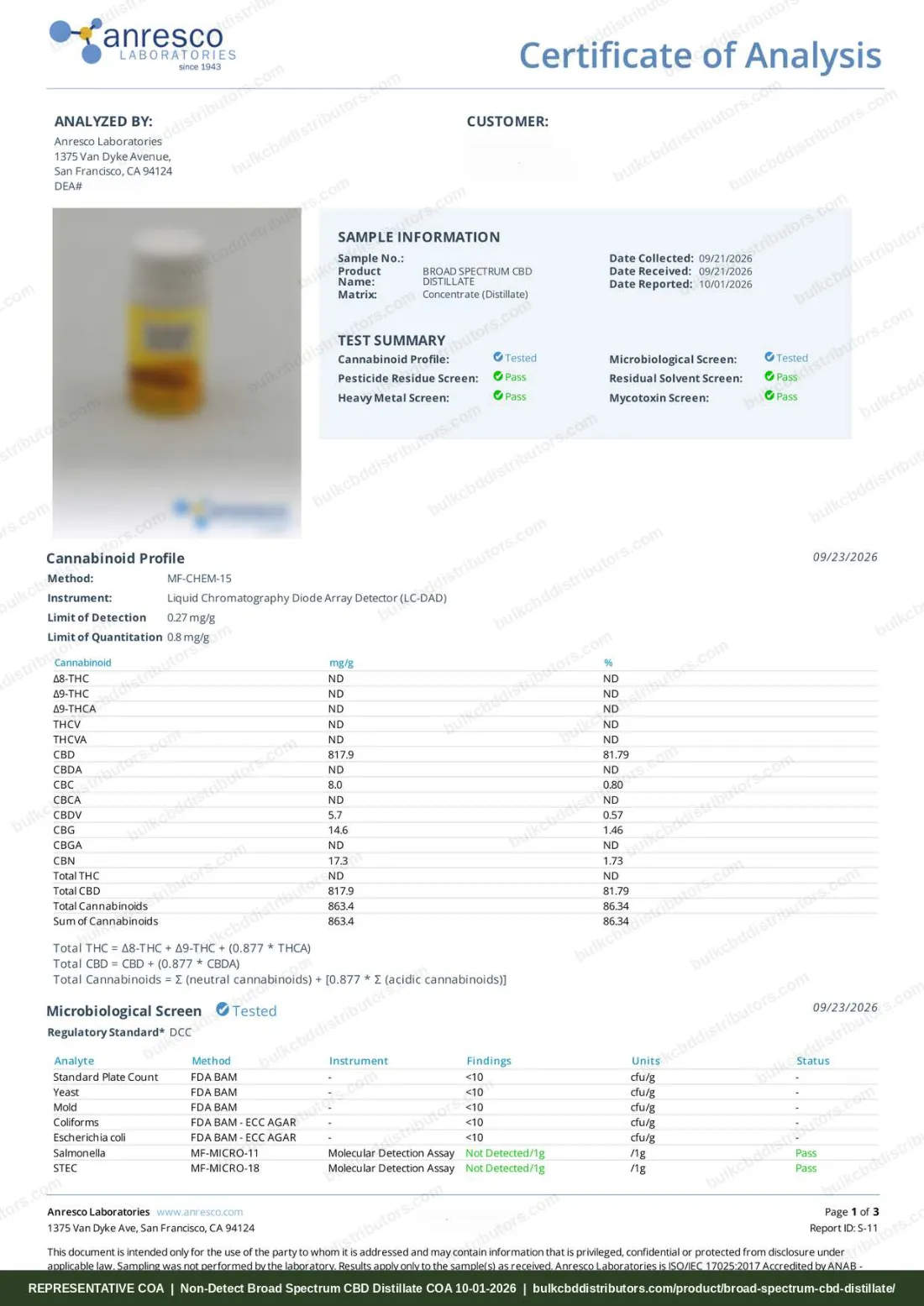 Broad Spectrum CBD Distillate COA page 1 of 3, Anresco Laboratories, tested 10-01-2026