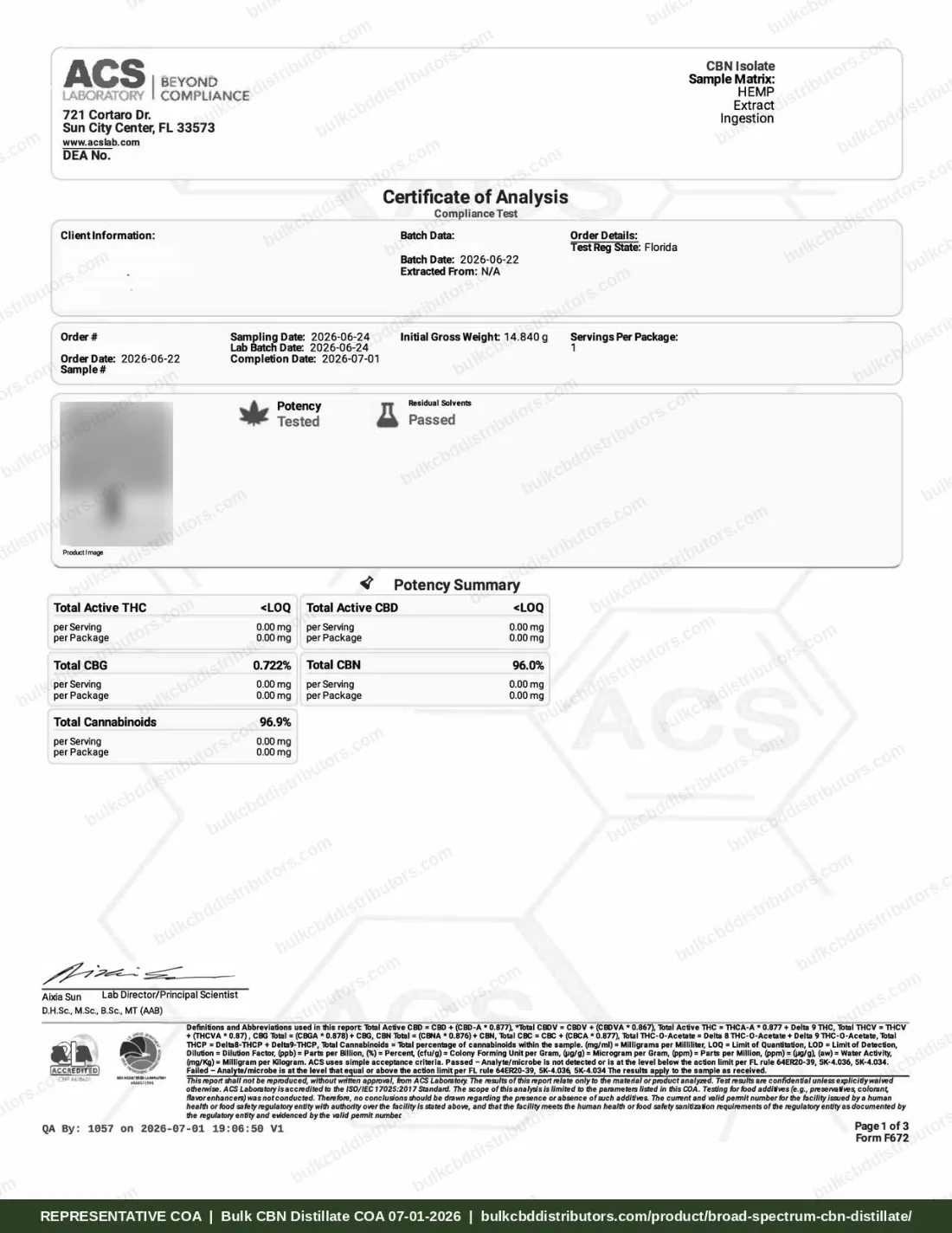 Broad Spectrum CBN Distillate COA page 1 of 3, ACS Laboratory, tested 07-01-2026