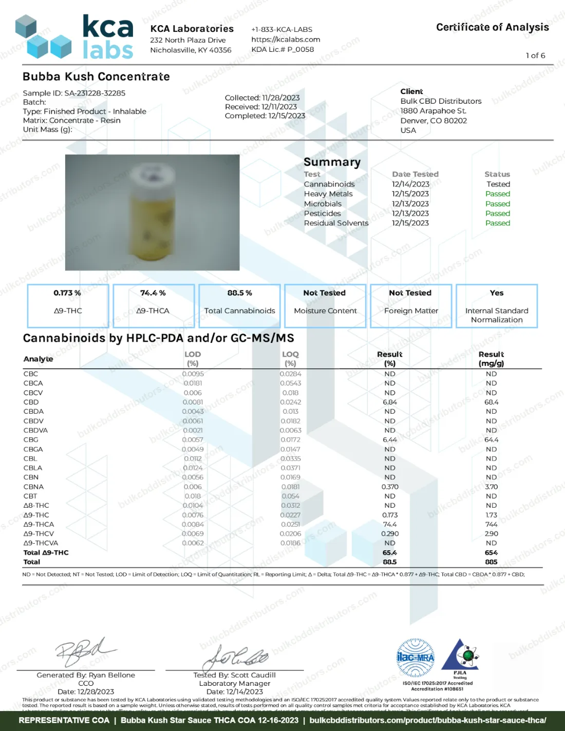 Bubba Kush Star Sauce THCA COA & Lab Results Bubba Kush Star Sauce THCA COA page 1 of 6, KCA Laboratories, tested 12-16-2023