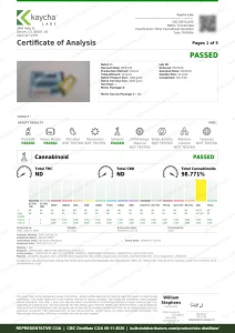 CBC Distillate COA page 1 of 5, Kaycha Labs, tested 09-11-2026