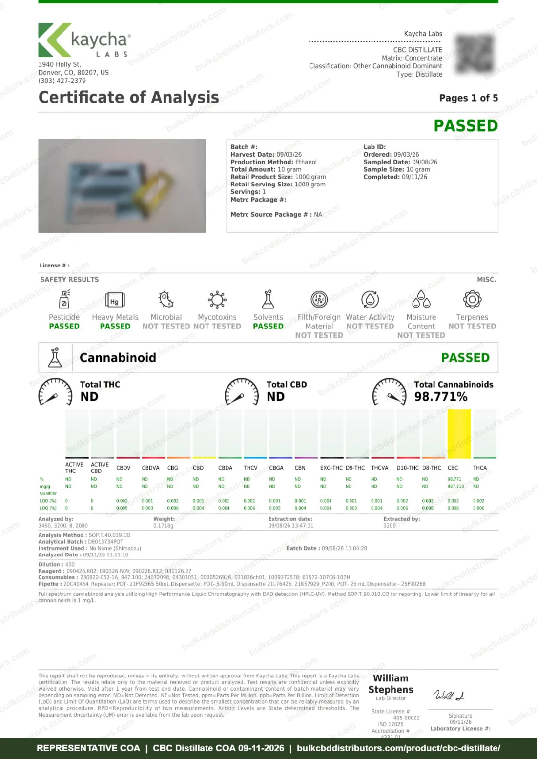 CBC Distillate COA & Lab Results CBC Distillate COA page 1 of 5, Kaycha Labs, tested 09-11-2026