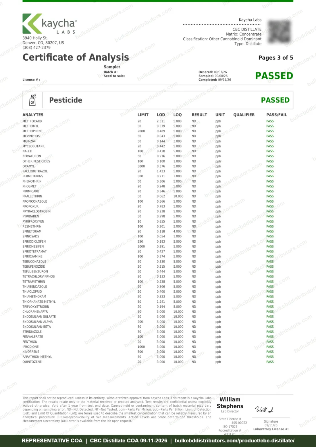 CBC Distillate COA & Lab Results CBC Distillate COA page 3 of 5, Kaycha Labs, tested 09-11-2026