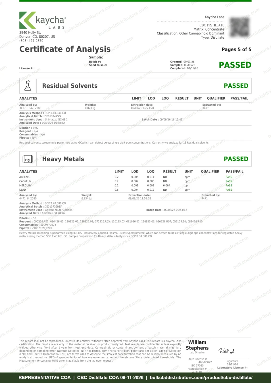 CBC Distillate COA & Lab Results CBC Distillate COA page 5 of 5, Kaycha Labs, tested 09-11-2026