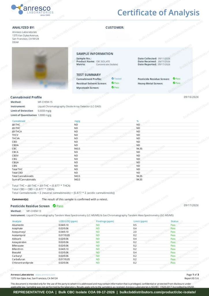 CBC Isolate COA page 1 of 3, Anresco Laboratories, tested 09-17-2026