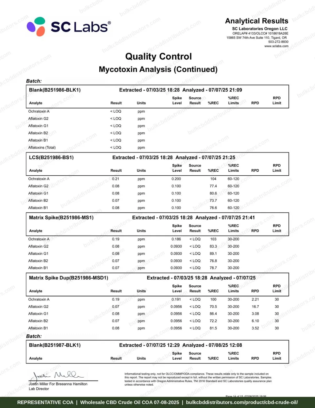 CBD Crude Oil 66% COA page 14 of 15, SC Laboratories Oregon, tested 07-08-2025
