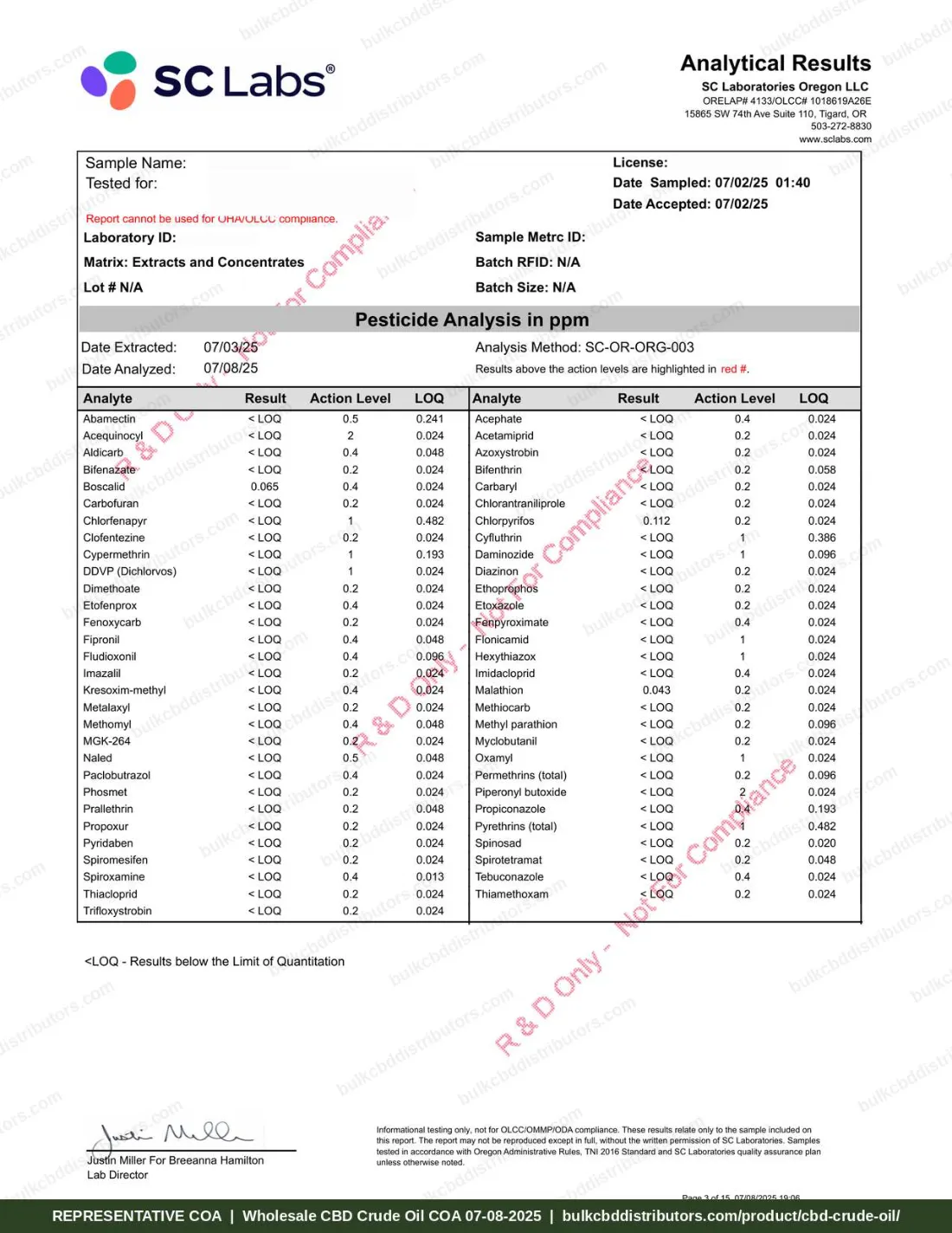 CBD Crude Oil 66% COA page 3 of 15, SC Laboratories Oregon, tested 07-08-2025