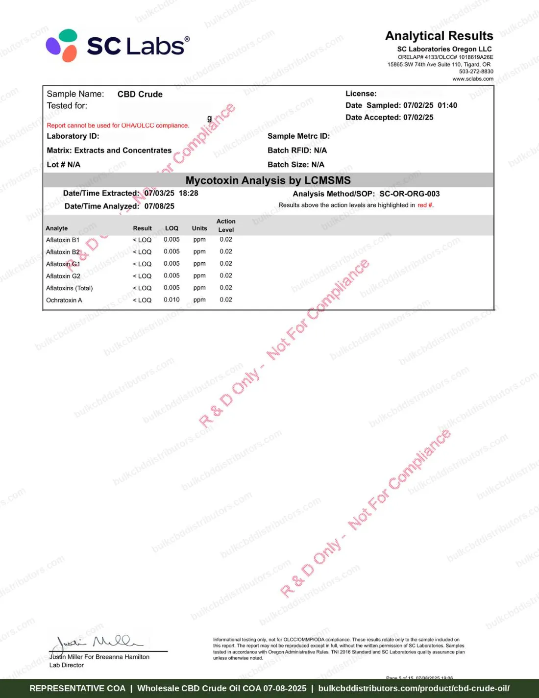 CBD Crude Oil 66% COA page 5 of 15, SC Laboratories Oregon, tested 07-08-2025