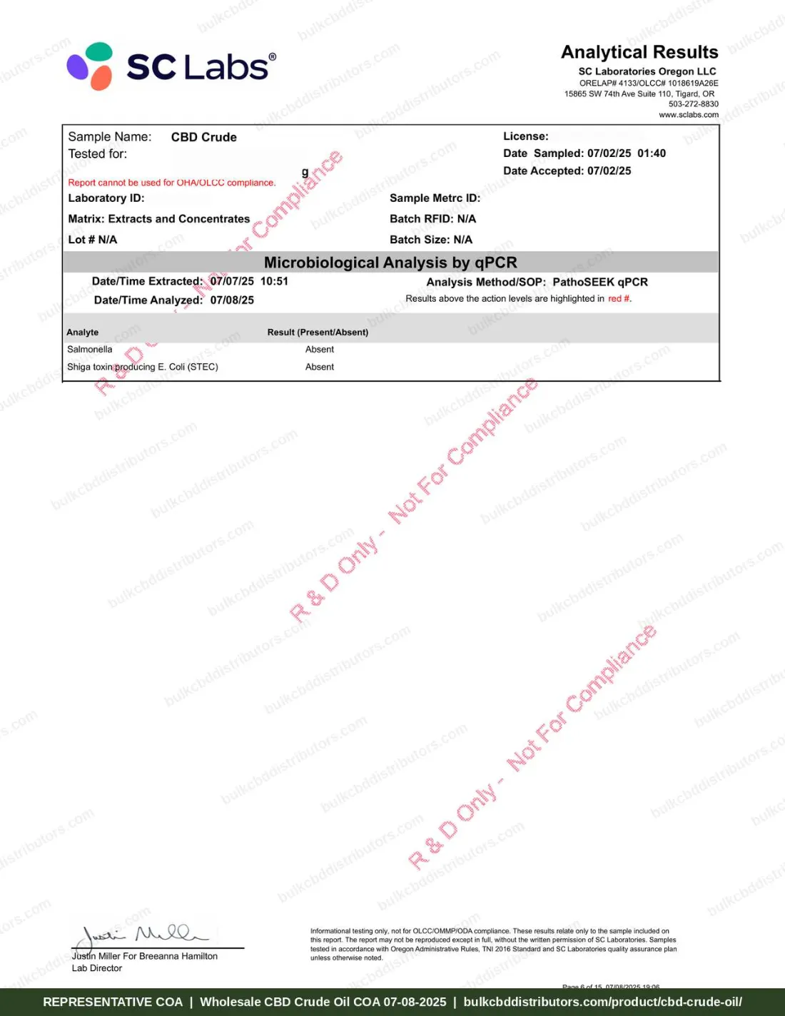 CBD Crude Oil 66% COA page 6 of 15, SC Laboratories Oregon, tested 07-08-2025