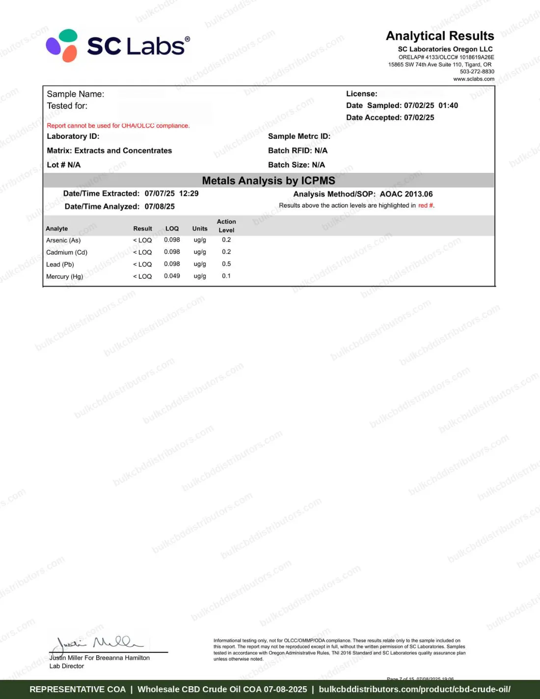 CBD Crude Oil 66% COA page 7 of 15, SC Laboratories Oregon, tested 07-08-2025