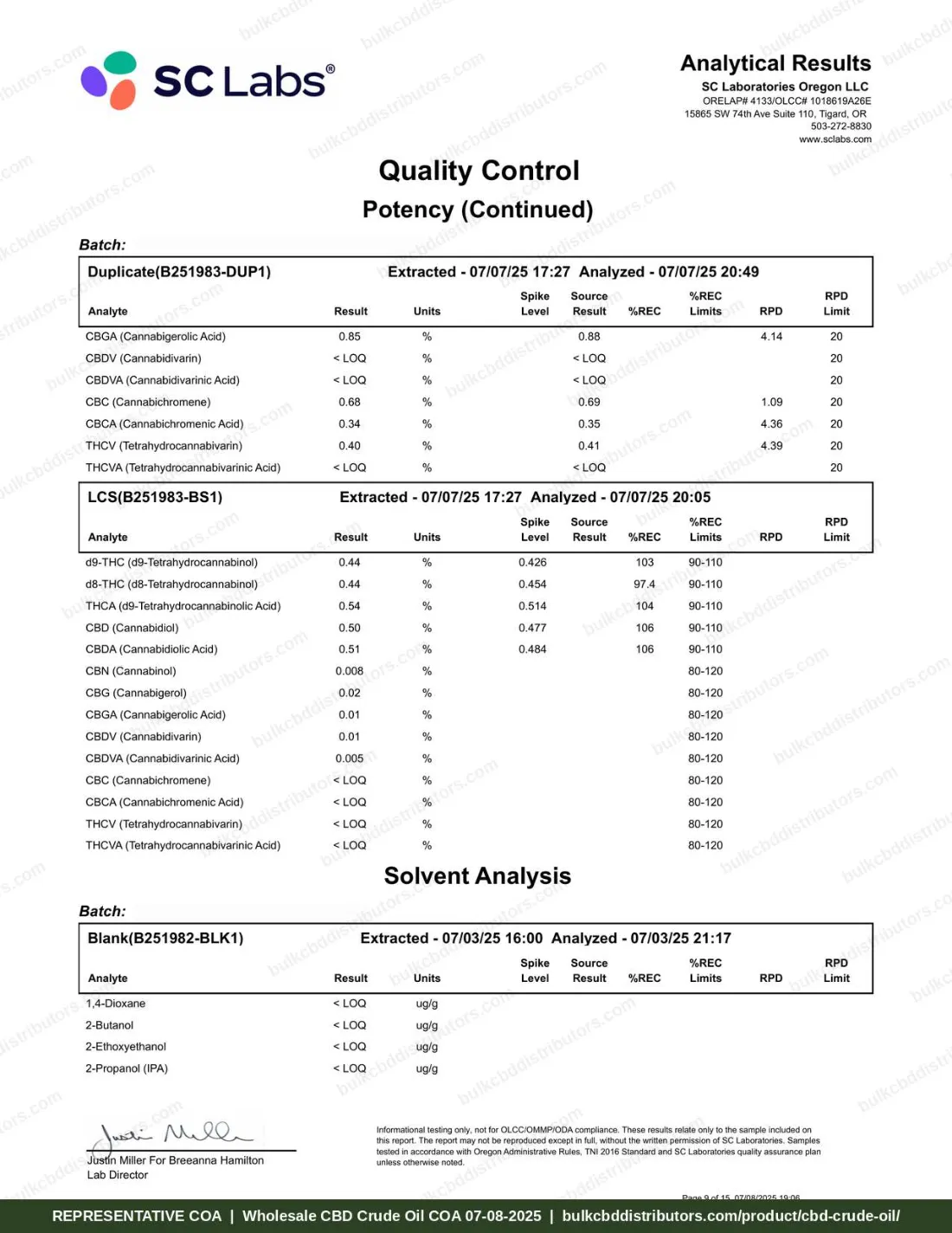 CBD Crude Oil 66% COA page 9 of 15, SC Laboratories Oregon, tested 07-08-2025