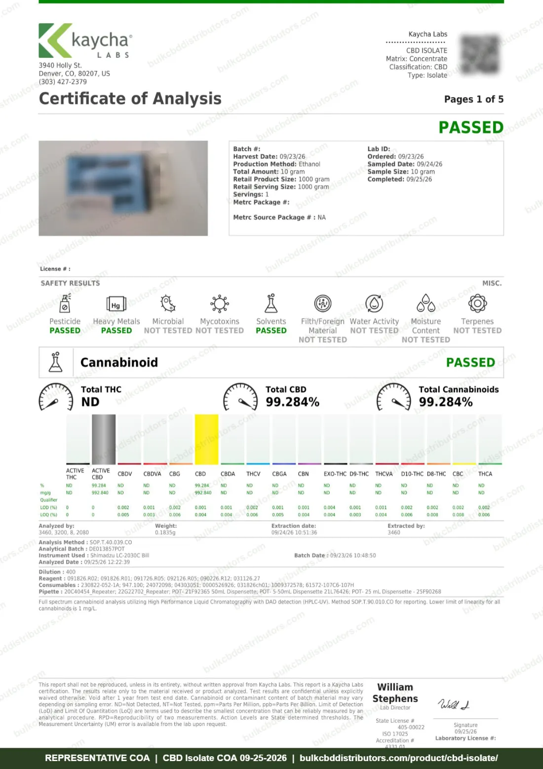 CBD Isolate COA page 1 of 5, Kaycha Labs, tested 09-25-2026