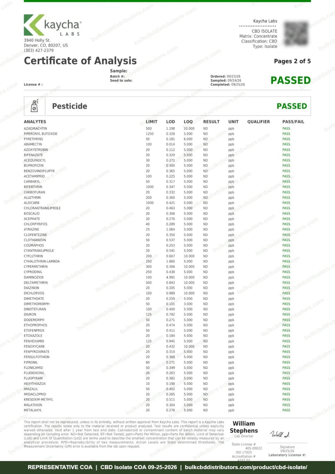 CBD Isolate COA page 2 of 5, Kaycha Labs, tested 09-25-2026