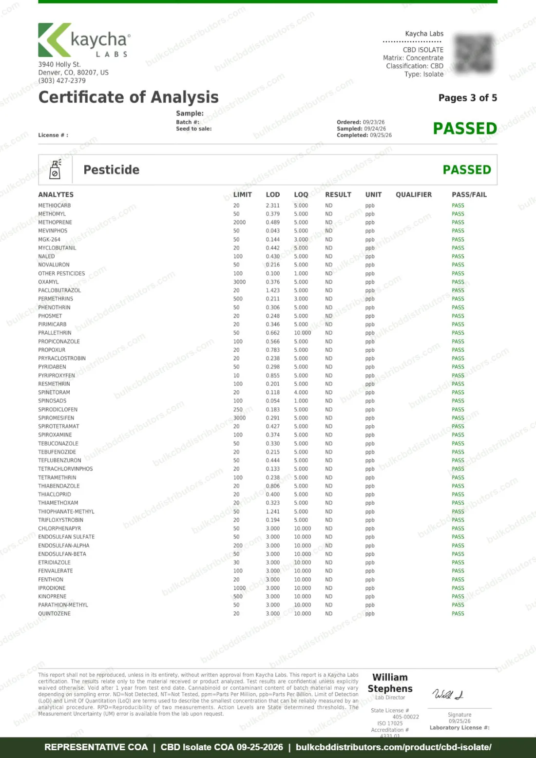 CBD Isolate COA page 3 of 5, Kaycha Labs, tested 09-25-2026
