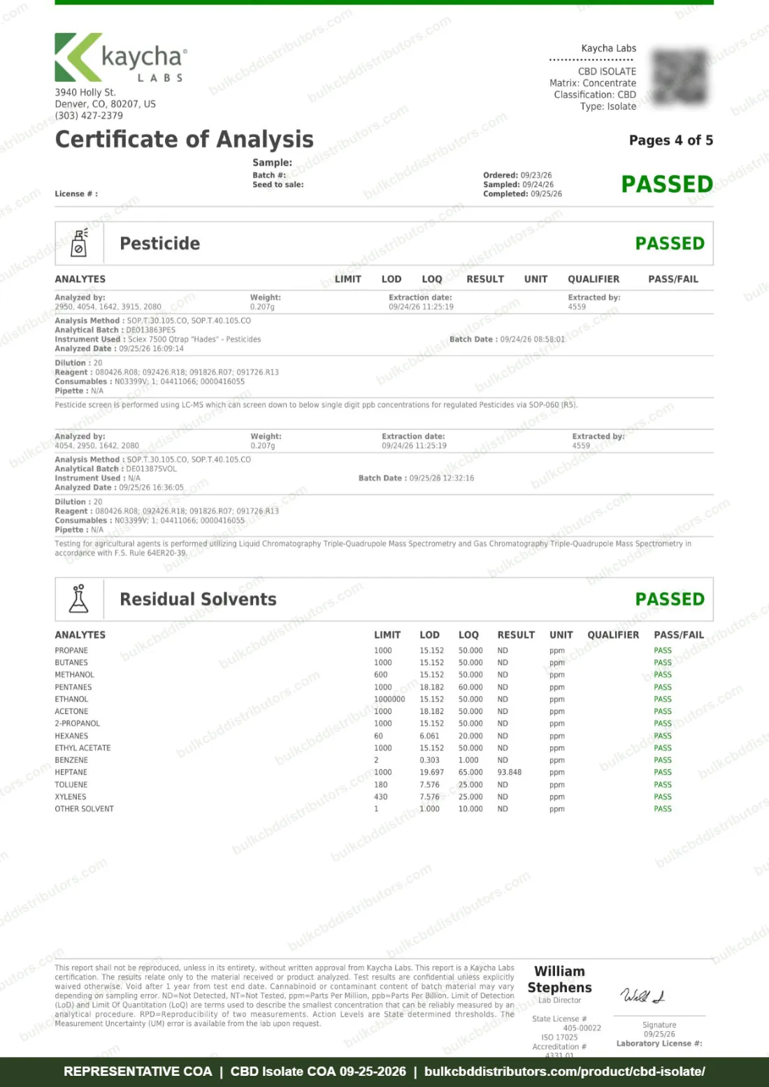 CBD Isolate COA page 4 of 5, Kaycha Labs, tested 09-25-2026