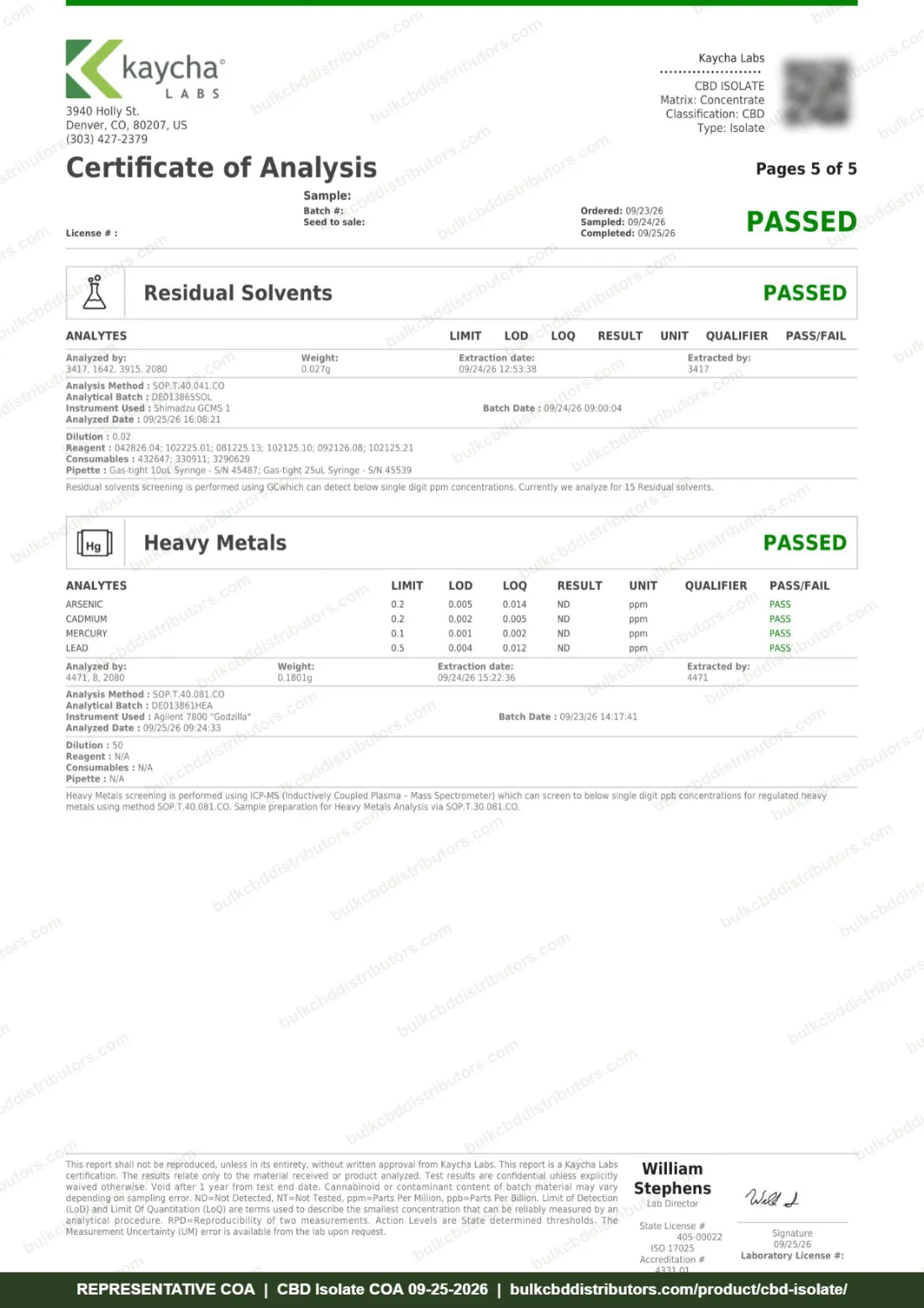CBD Isolate COA page 5 of 5, Kaycha Labs, tested 09-25-2026