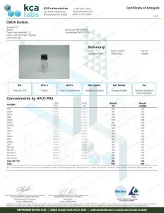 CBDA Isolate COA page 1, KCA Laboratories
