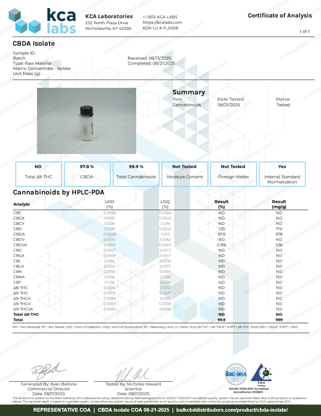CBDA Isolate COA & Lab Results CBDA Isolate COA page 1 of 1, KCA Laboratories, tested 08-21-2025