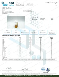 CBDP Distillate COA page 1 of 1, KCA Laboratories, tested 01-02-2025
