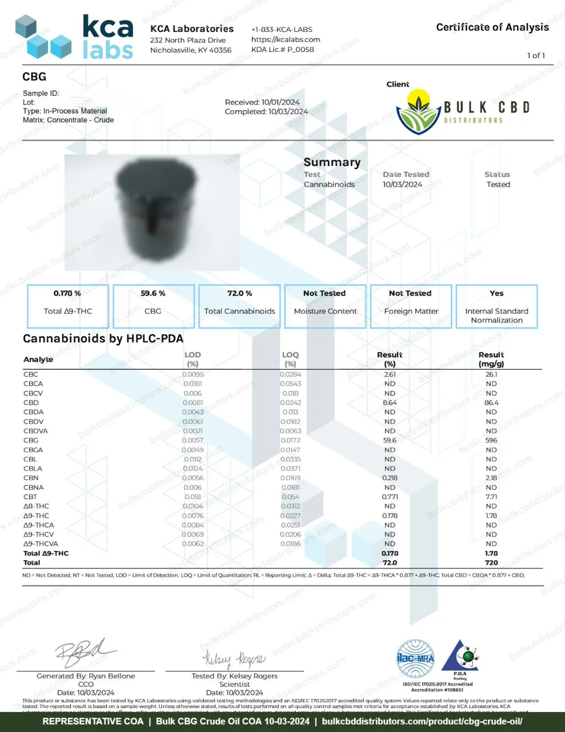 CBG Crude Oil COA & Lab Results CBG Crude Oil COA page 1 of 2, KCA Laboratories, tested 10-03-2024