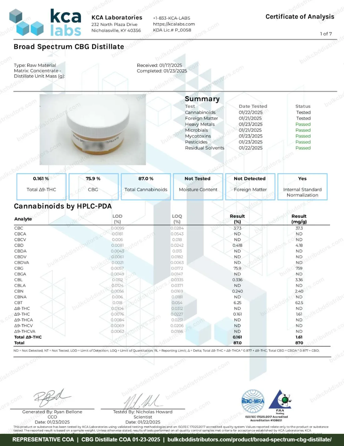 Broad Spectrum CBG Distillate COA page 1 of 7, KCA Laboratories, tested 01-23-2025