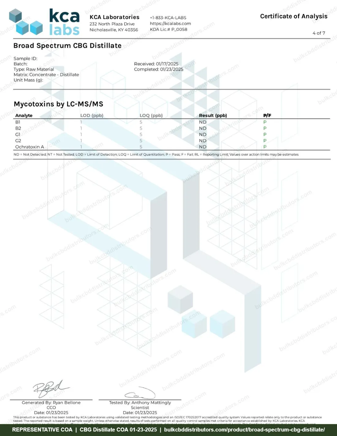 Broad Spectrum CBG Distillate COA page 4 of 7, KCA Laboratories, tested 01-23-2025