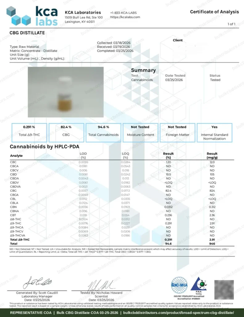 Broad Spectrum CBG Distillate COA page 1 of 1, KCA Laboratories, tested 03-25-2026