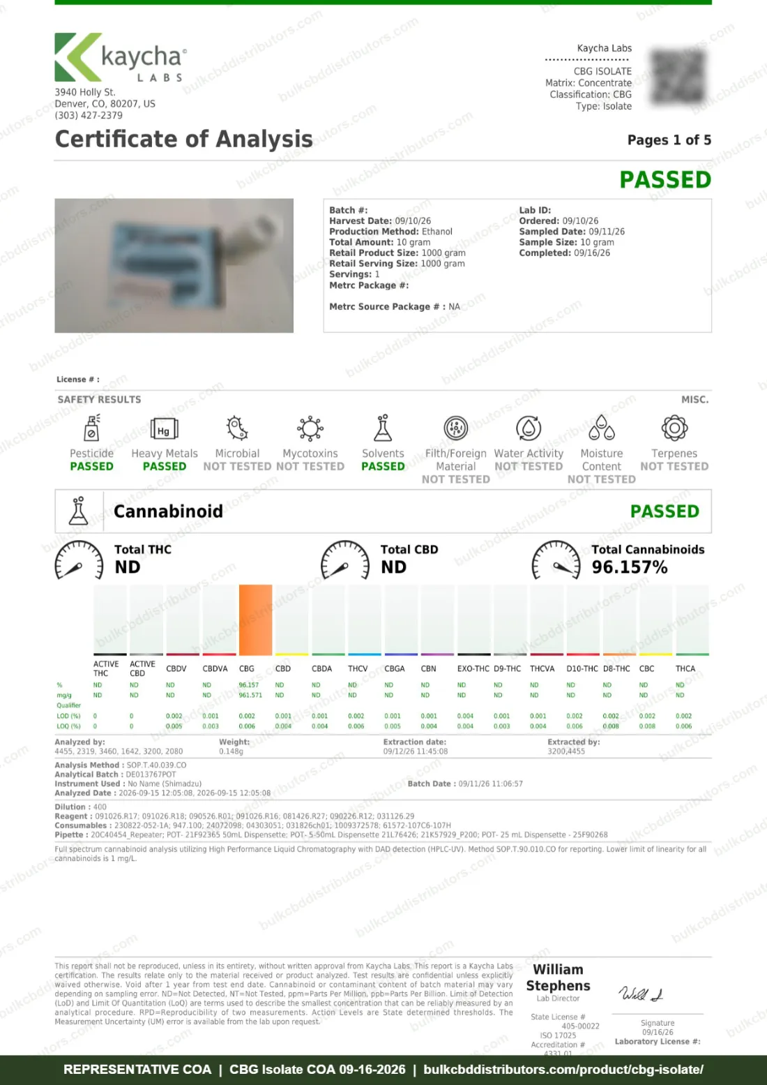 CBG Isolate COA & Lab Results CBG Isolate COA page 1 of 5, Kaycha Labs, tested 09-16-2026