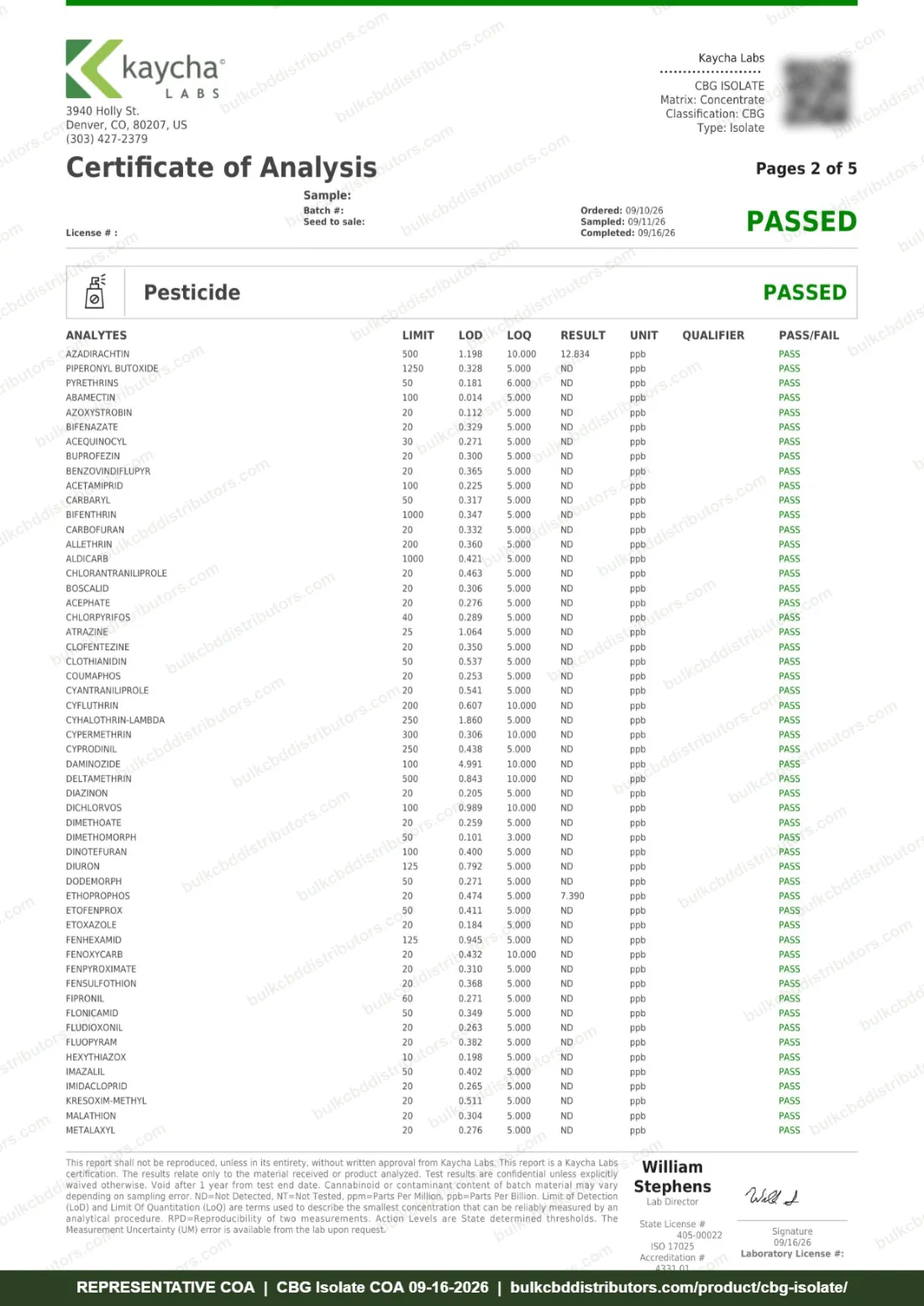 CBG Isolate COA & Lab Results CBG Isolate COA page 2 of 5, Kaycha Labs, tested 09-16-2026