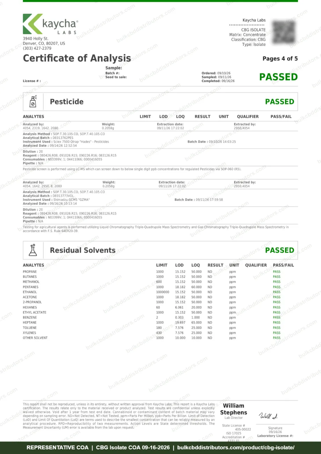 CBG Isolate COA & Lab Results CBG Isolate COA page 4 of 5, Kaycha Labs, tested 09-16-2026