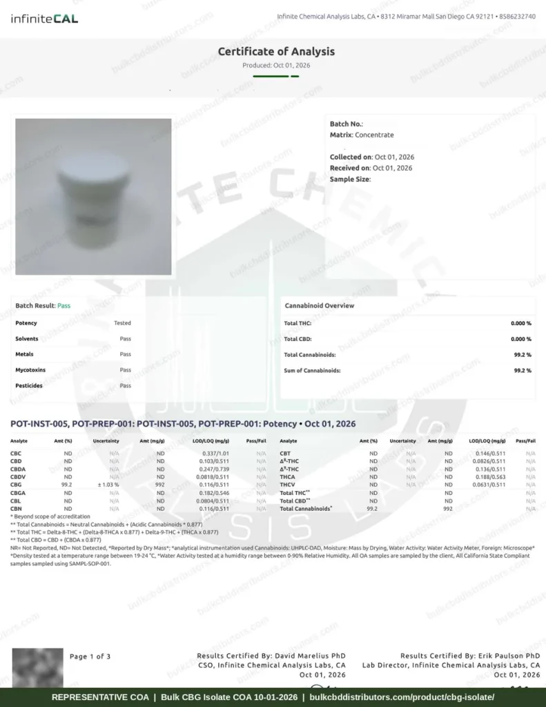 CBG Isolate COA page 1 of 3, Infinite Chemical Analysis Labs, tested 10-01-2026