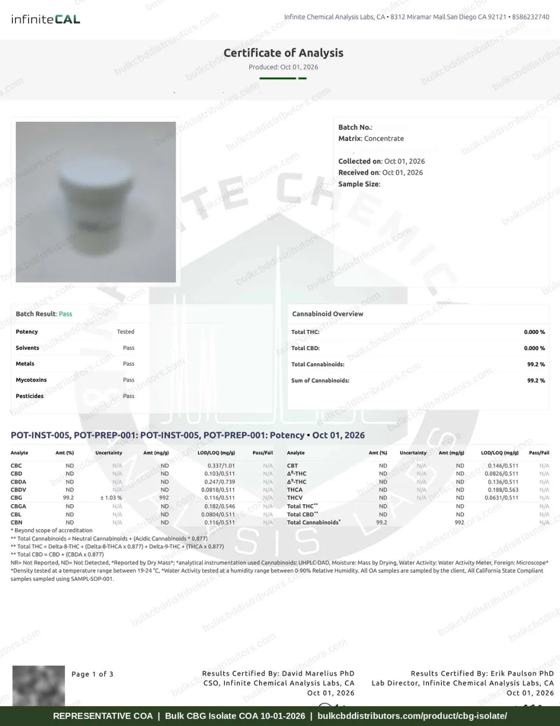 CBG Isolate COA page 1 of 3, Infinite Chemical Analysis Labs, tested 10-01-2026
