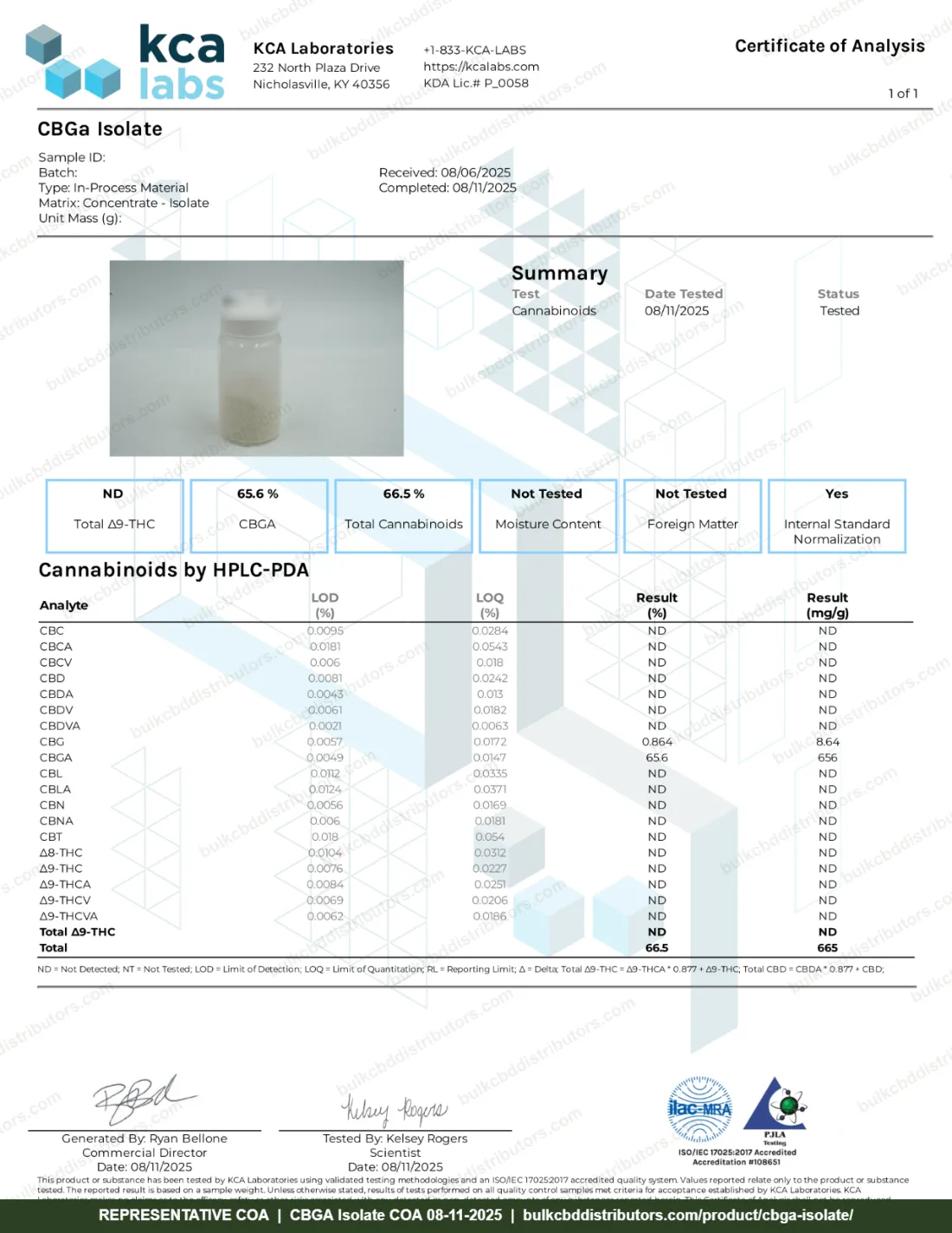 CBGA Isolate COA page 1 of 1, KCA Laboratories, tested 08-11-2025