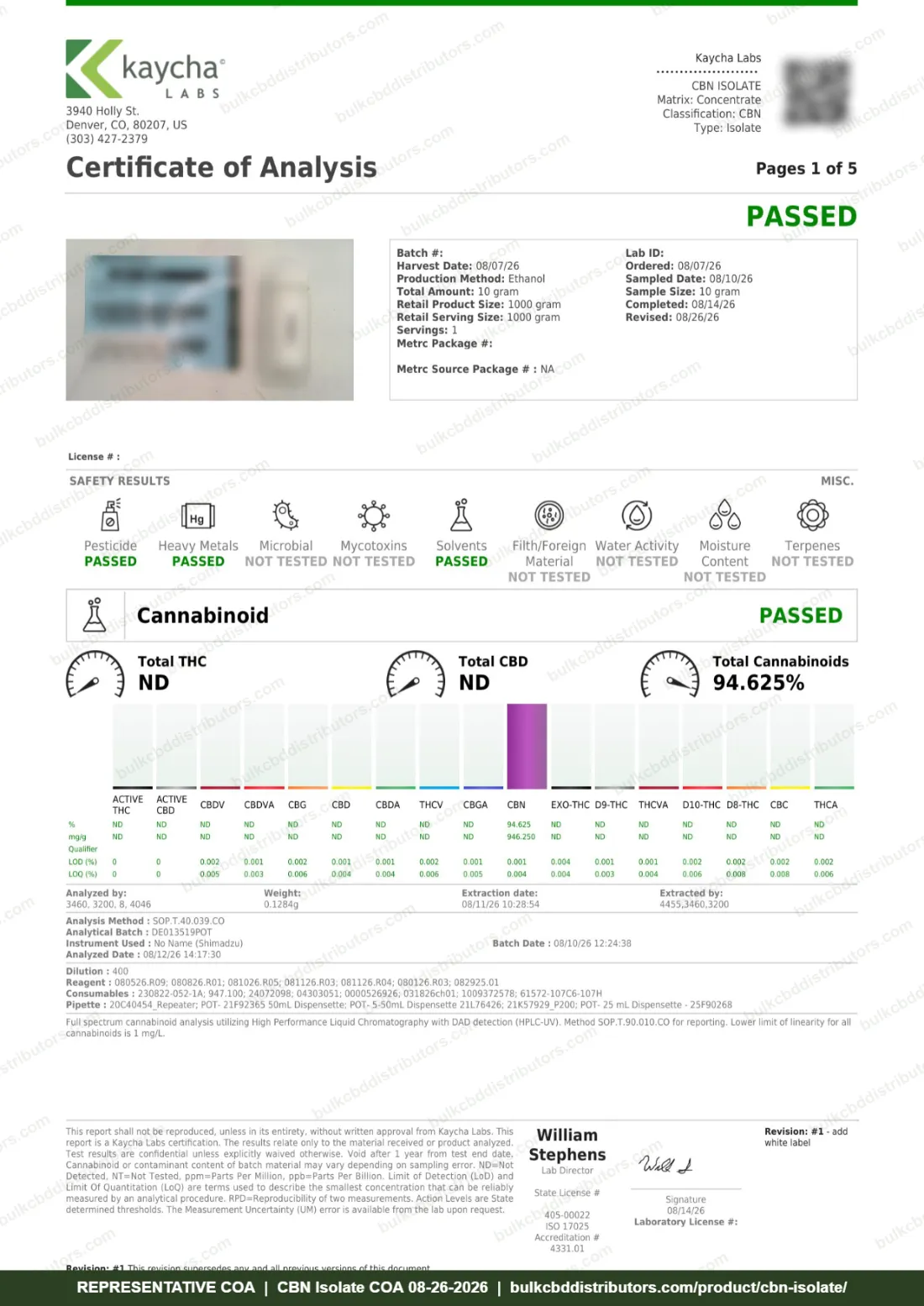 CBN Isolate COA page 1 of 5, Kaycha Labs, tested 08-26-2026