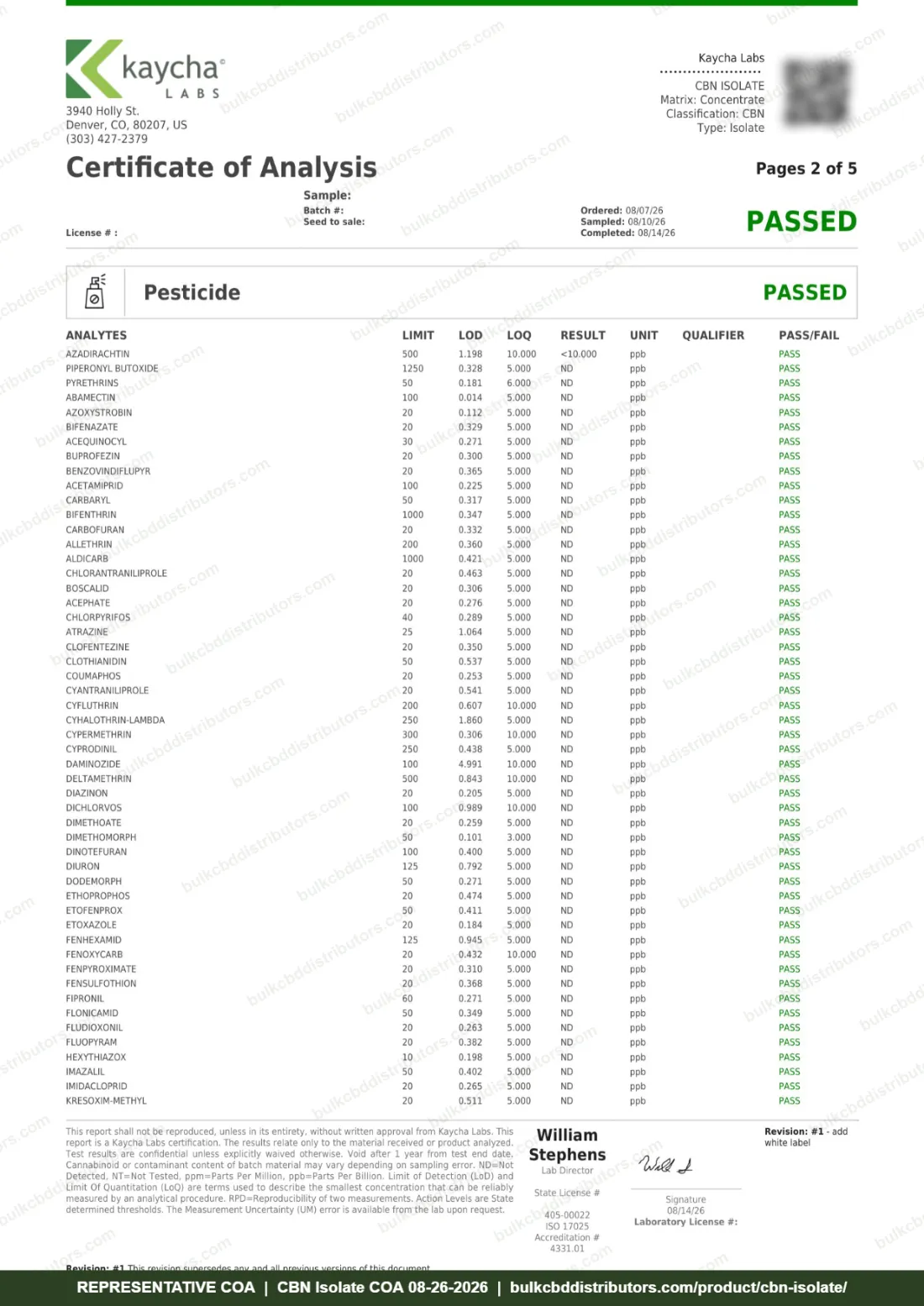 CBN Isolate COA page 2 of 5, Kaycha Labs, tested 08-26-2026