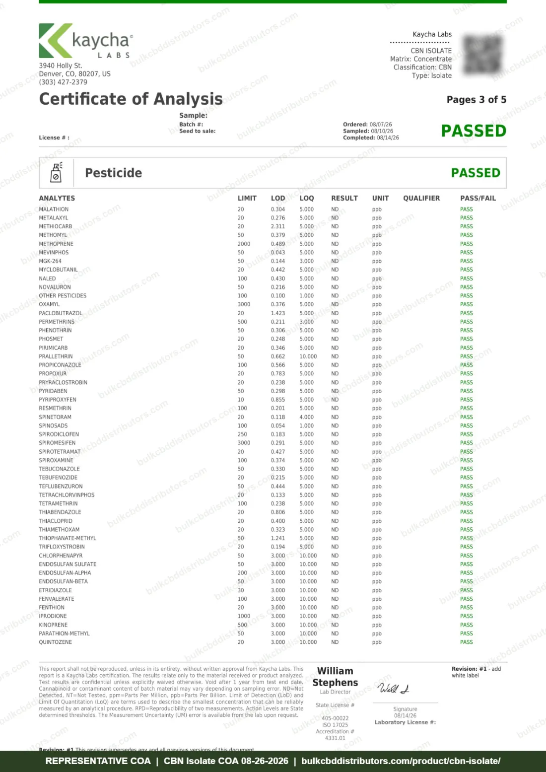 CBN Isolate COA page 3 of 5, Kaycha Labs, tested 08-26-2026