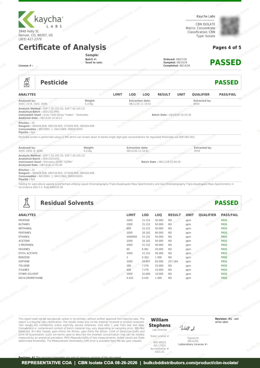 CBN Isolate COA page 4 of 5, Kaycha Labs, tested 08-26-2026