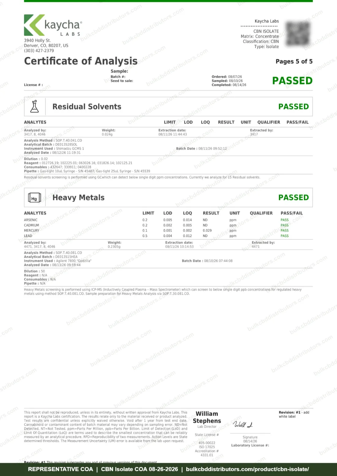 CBN Isolate COA page 5 of 5, Kaycha Labs, tested 08-26-2026