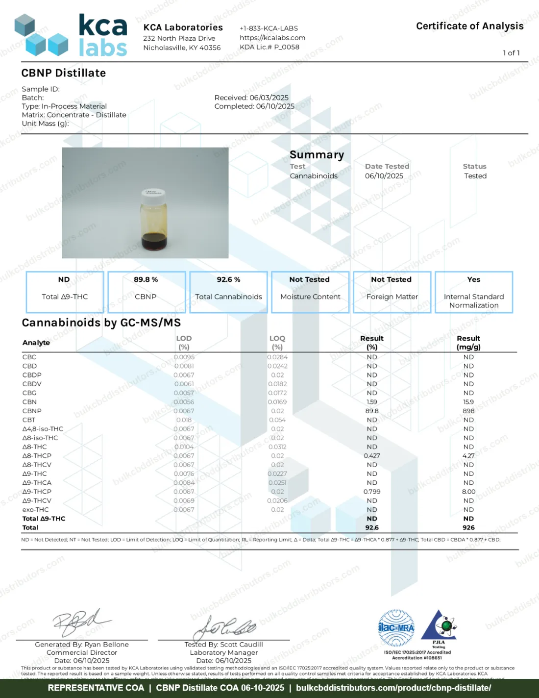 CBNP Distillate COA & Lab Results CBNP Distillate COA page 1 of 1, KCA Laboratories, tested 06-10-2025