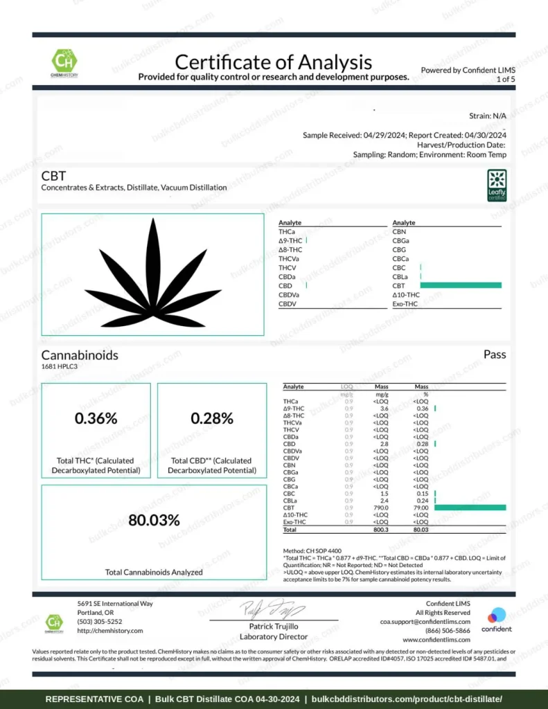 CBT Distillate COA page 1 of 5, ChemHistory, tested 04-30-2024
