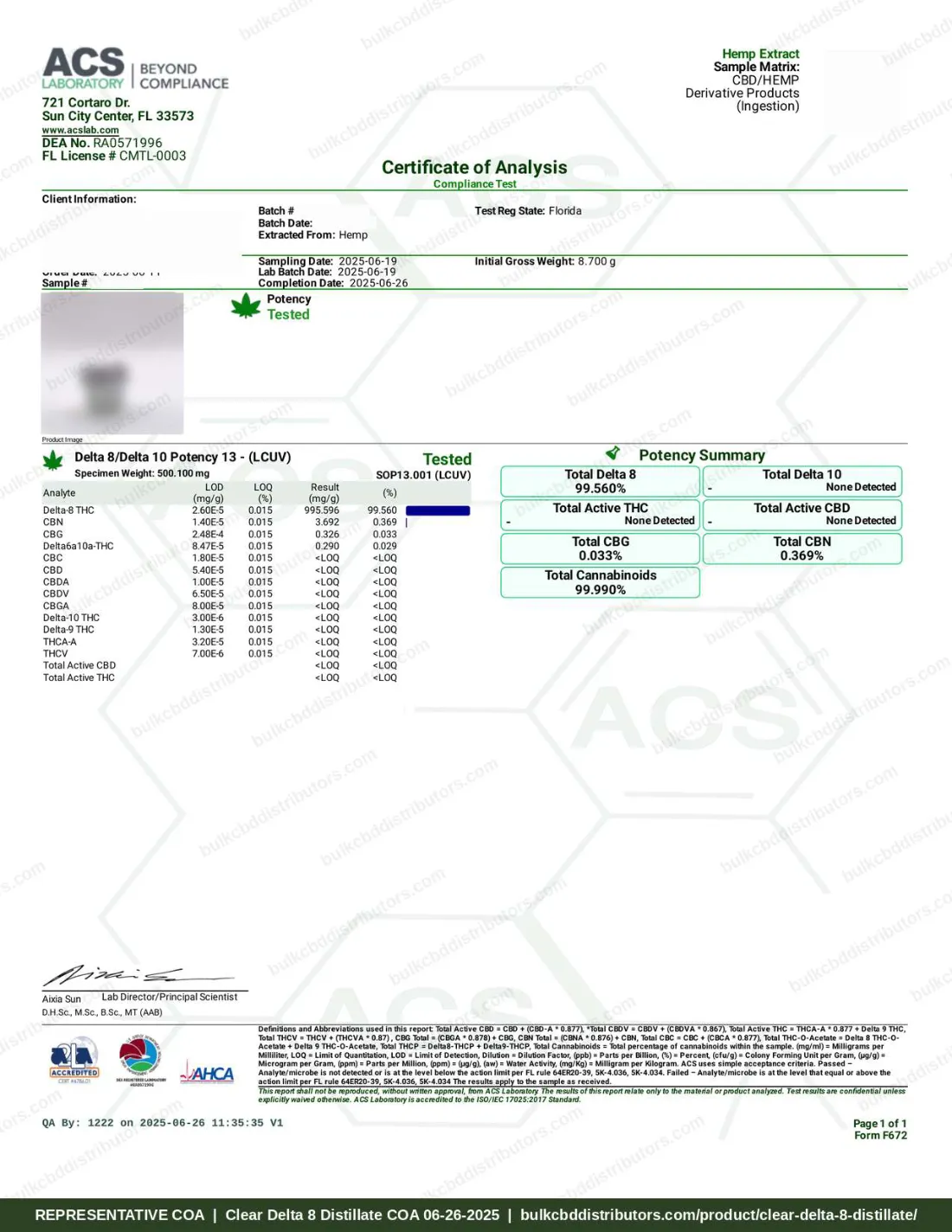 Clear Delta 8 Distillate COA & Lab Results Clear Delta 8 Distillate COA page 1 of 1, ACS Laboratory, tested 06-26-2025