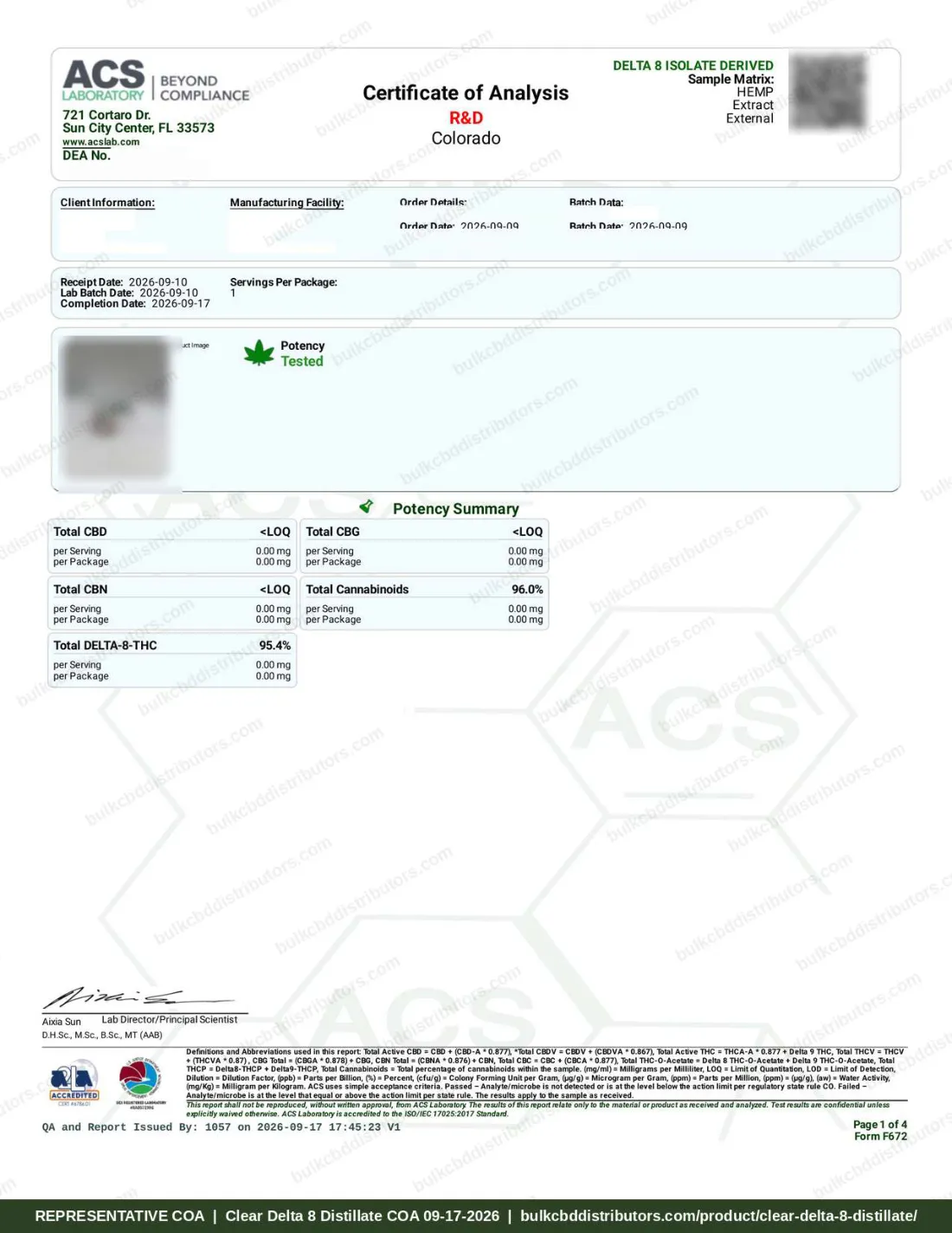 Clear Delta 8 Distillate COA page 1 of 4, ACS Laboratory, tested 09-17-2026