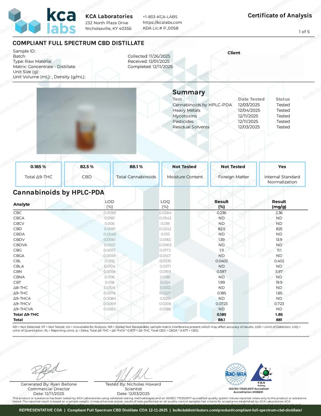 Compliant Full Spectrum CBD Distillate COA & Lab Results Compliant Full Spectrum CBD Distillate COA page 1 of 5, KCA Laboratories, tested 12-11-2025