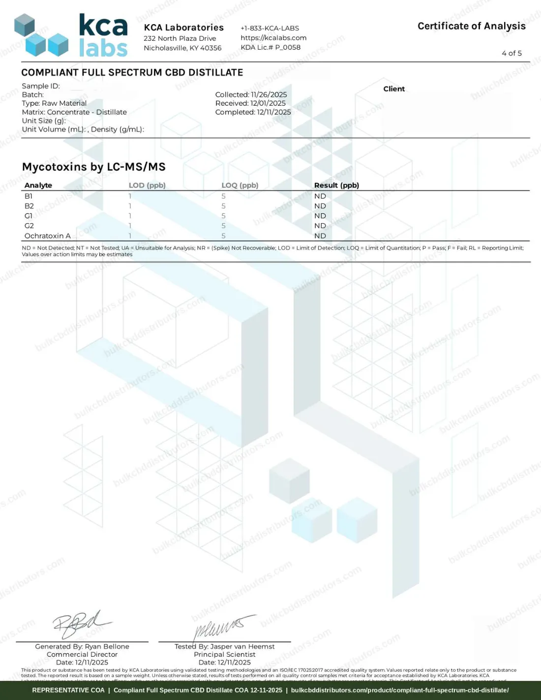 Compliant Full Spectrum CBD Distillate COA & Lab Results Compliant Full Spectrum CBD Distillate COA page 4 of 5, KCA Laboratories, tested 12-11-2025