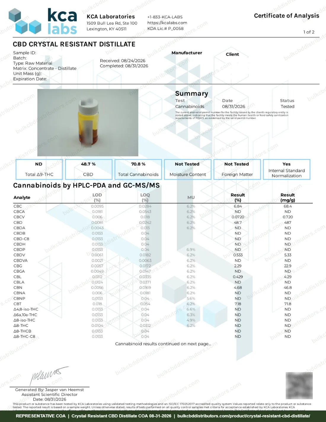 Crystal Resistant CBD Distillate COA page 1 of 2, KCA Laboratories, tested 08-31-2026