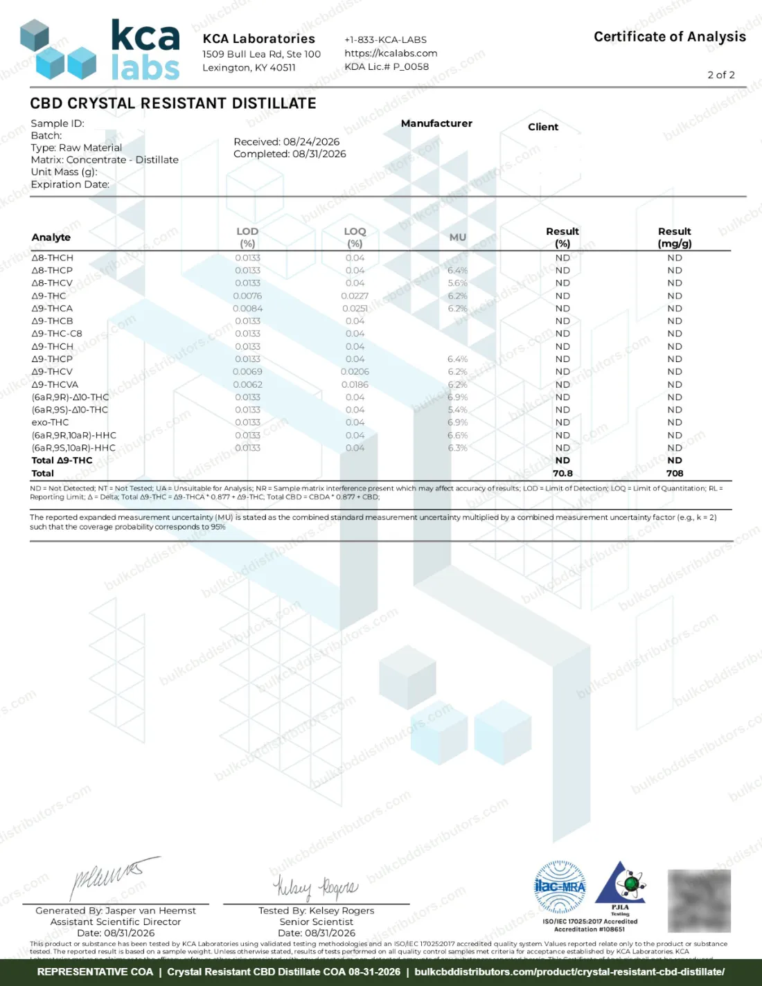 Crystal Resistant CBD Distillate COA page 2 of 2, KCA Laboratories, tested 08-31-2026