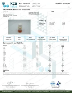 Crystal Resistant CBG Distillate COA page 1 of 2, KCA Laboratories, tested 07-02-2025
