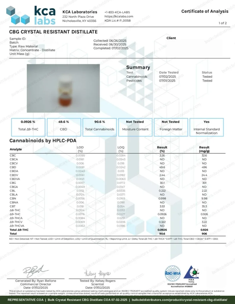 Crystal Resistant CBG Distillate COA page 1 of 2, KCA Laboratories, tested 07-02-2025